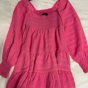 Hot Pink Urban Outfitters River Smocked Long Sleeve Mini Dress